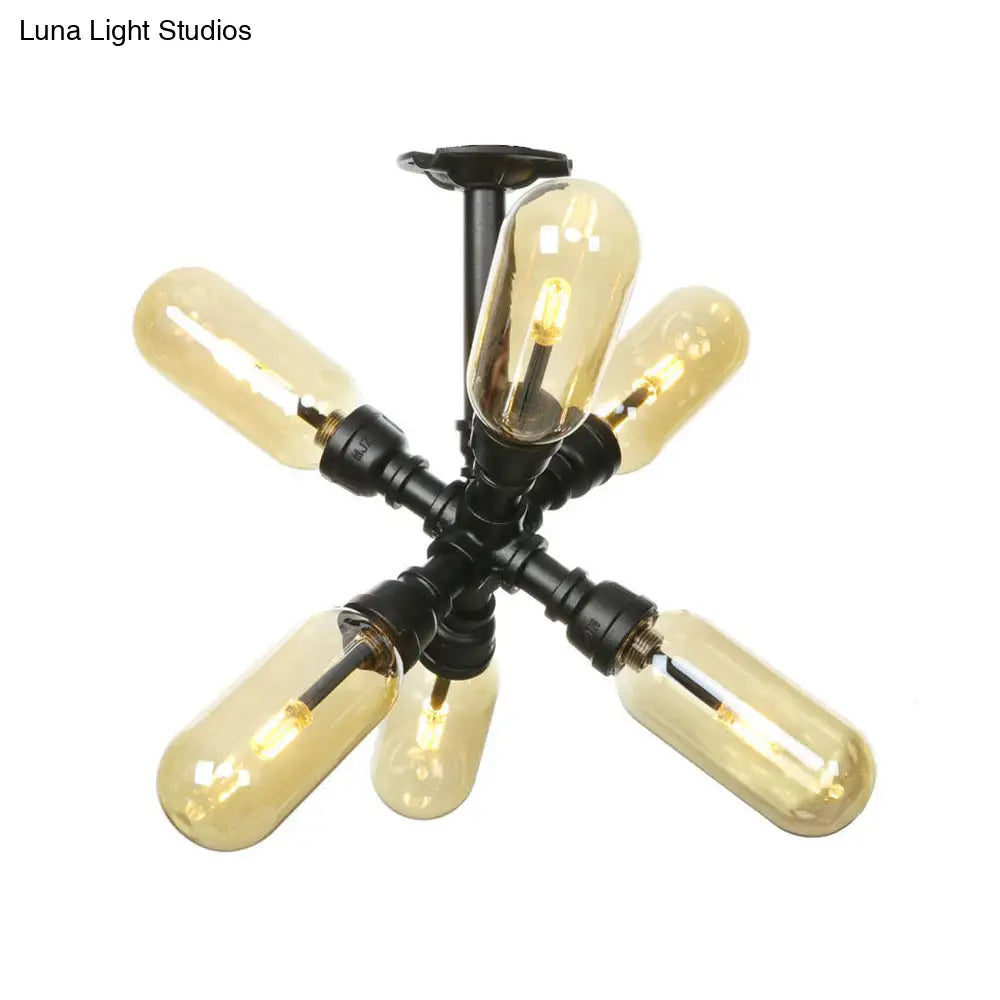 Rustic Amber Glass Ceiling Light With Semi - Flush Design - 4/5/6 Bulbs Matte Black Finish And Pipe