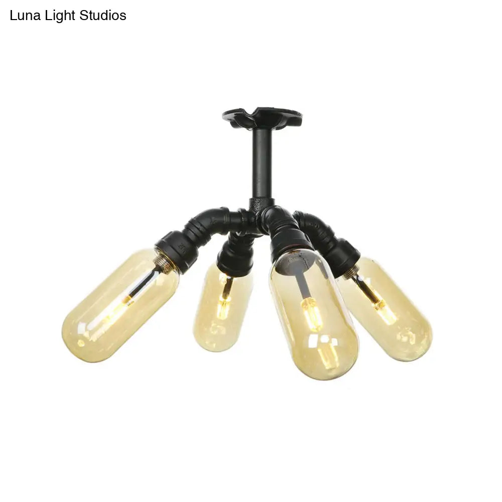 Rustic Amber Glass Ceiling Light With Semi - Flush Design - 4/5/6 Bulbs Matte Black Finish And Pipe