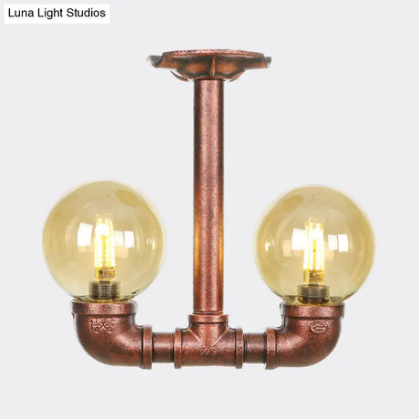 Rustic Amber Glass Semi Flush Light Fixture For Restaurants: Orb Design 2 Copper Lights