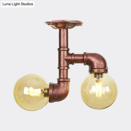 Rustic Amber Glass Semi Flush Light Fixture For Restaurants: Orb Design 2 Copper Lights