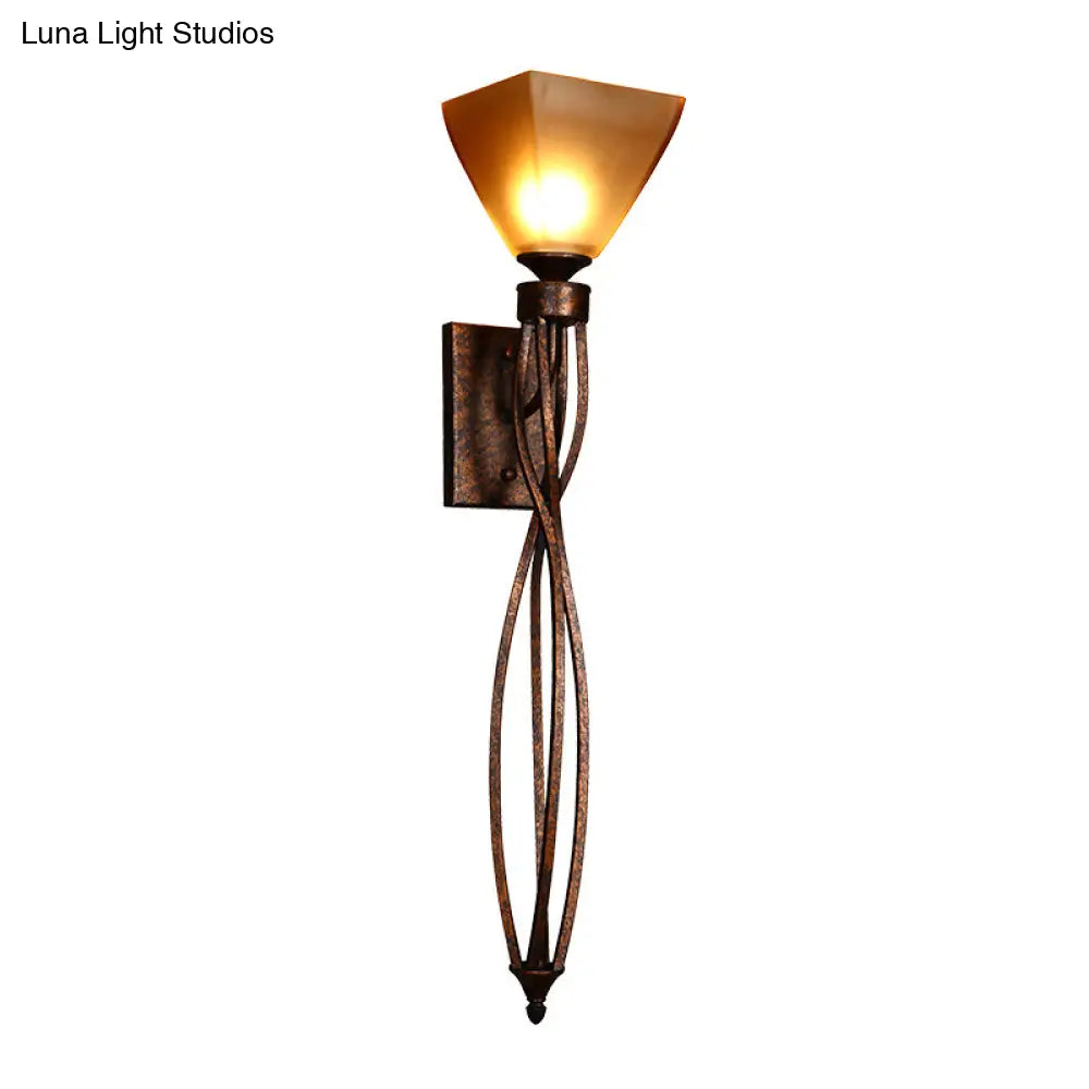 Rustic Amber Glass Trapezoid Corridor Wall Mounted Lamp - Single Light With Twisted Line Arm