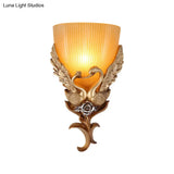 Rustic Amber Glass Wall Sconce With Swan And Flower Design - Gold Single Head Tapered Lighting