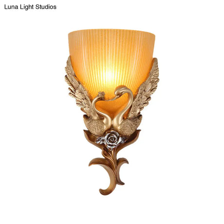 Rustic Amber Glass Wall Sconce With Swan And Flower Design - Gold Single Head Tapered Lighting