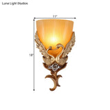 Rustic Amber Glass Wall Sconce With Swan And Flower Design - Gold Single Head Tapered Lighting