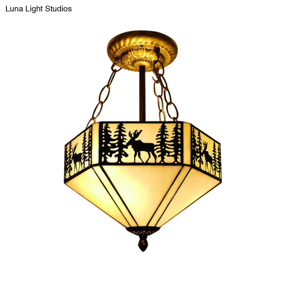 Rustic American Forest Deer Glass Ceiling Lamp - 11’/18’/22’ Wide Semi Flush Mount Light In Beige