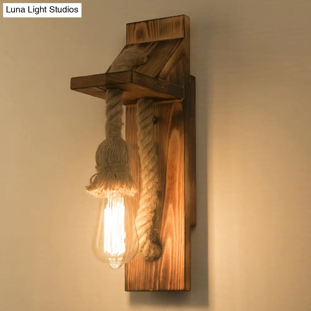 Rustic American Wooden Wall Sconce With Natural Rope Light For Restaurants & Coffee Shops