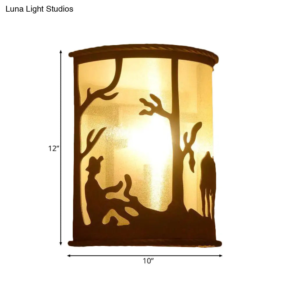 Rustic Animal Print Cylinder Sconce Wall Light For Restaurants With Single Bulb