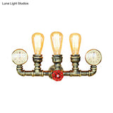Rustic Antique Brass Metal Wall Mount Light With 3 Pipes Gauge And Valve Decoration