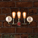 Rustic Antique Brass Pipe Wall Sconce With 3 Wrought Iron Heads Gauge Valve Deco