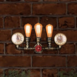 Rustic Antique Brass Pipe Wall Sconce With 3 Wrought Iron Heads Gauge Valve Deco