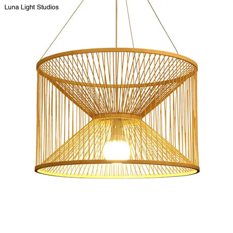 Rustic Bamboo Hourglass Pendant Lamp With Wood Accent - Ideal For Living Room Ceiling Lighting