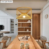 Rustic Bamboo Hourglass Pendant Lamp With Wood Accent - Ideal For Living Room Ceiling Lighting