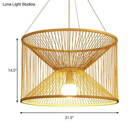 Rustic Bamboo Hourglass Pendant Lamp With Wood Accent - Ideal For Living Room Ceiling Lighting