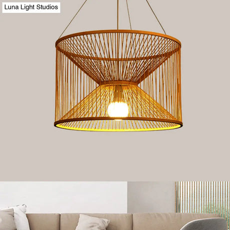 Rustic Bamboo Hourglass Pendant Lamp With Wood Accent - Ideal For Living Room Ceiling Lighting