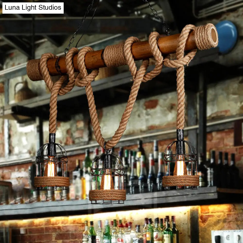 Rustic Bamboo Island Lighting Chandelier In Beige - Linear Bar Fixture