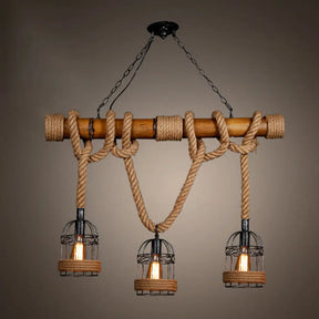 Rustic Bamboo Island Lighting Chandelier In Beige - Linear Bar Fixture