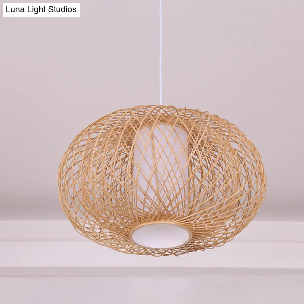 Rustic Bamboo Lantern Pendant Light For Teahouse - Wooden Ceiling Lamp With 1 Bulb