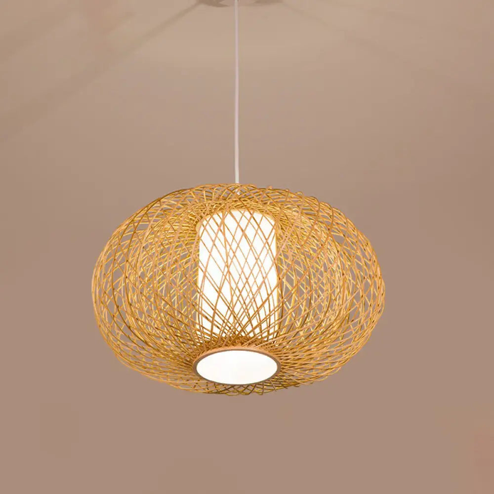 Rustic Bamboo Lantern Pendant Light For Teahouse - Wooden Ceiling Lamp With 1 Bulb Wood
