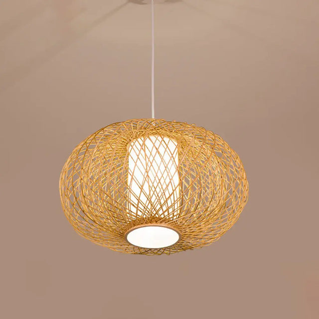 Rustic Bamboo Lantern Pendant Light For Teahouse - Wooden Ceiling Lamp With 1 Bulb Wood