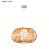 Rustic Bamboo Lantern Pendant Light For Teahouse - Wooden Ceiling Lamp With 1 Bulb