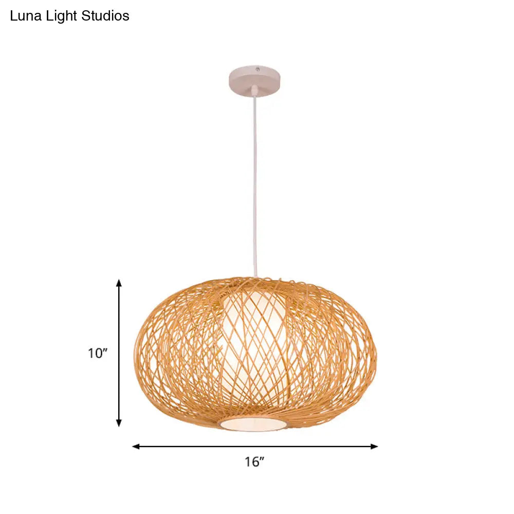 Rustic Bamboo Lantern Pendant Light For Teahouse - Wooden Ceiling Lamp With 1 Bulb
