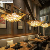 Rustic Bamboo Nest Pendant Light: Beige Chandelier With 3-Bulb Egg Ivory Glass Shade