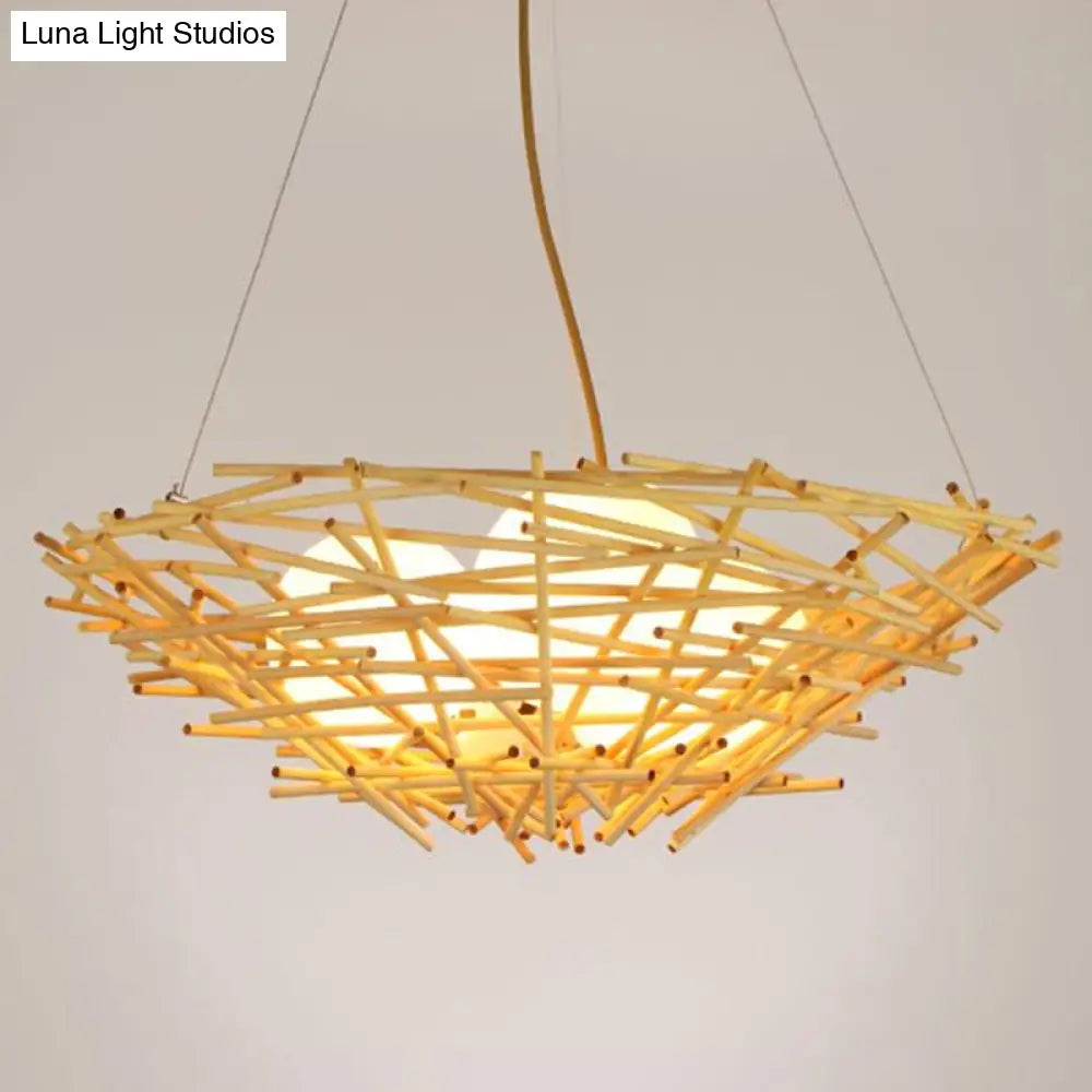 Rustic Bamboo Nest Pendant Light: Beige Chandelier With 3-Bulb Egg Ivory Glass Shade