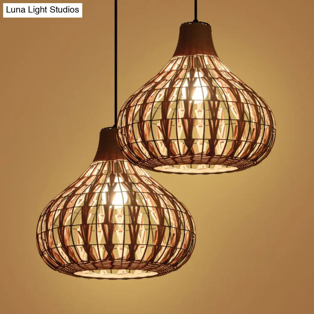 Rustic Bamboo Pendant Light: Pear-Shaped Suspended Lighting For Restaurant Wood Finish