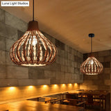 Rustic Bamboo Pendant Light: Pear-Shaped Suspended Lighting For Restaurant Wood Finish