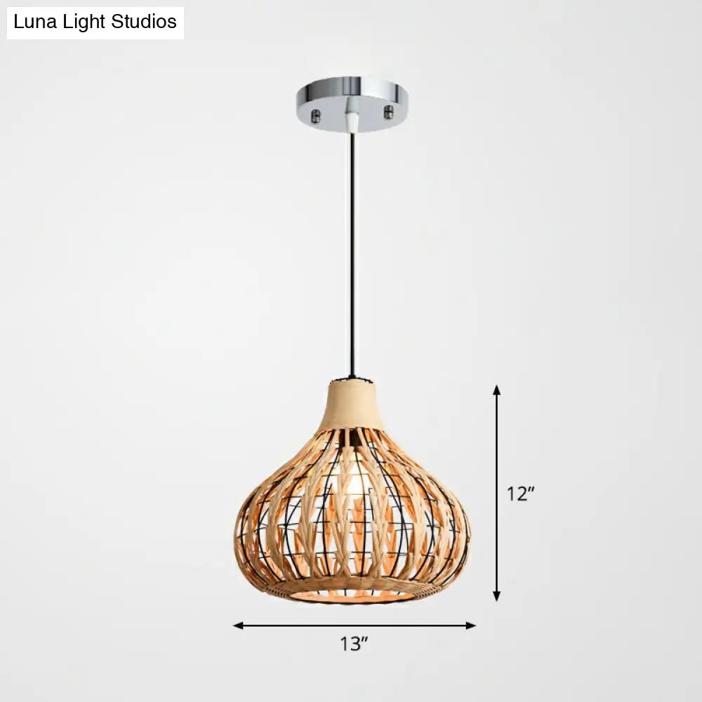 Rustic Bamboo Pendant Light: Pear-Shaped Suspended Lighting For Restaurant Wood Finish