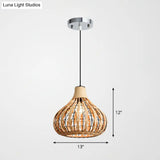 Rustic Bamboo Pendant Light: Pear-Shaped Suspended Lighting For Restaurant Wood Finish
