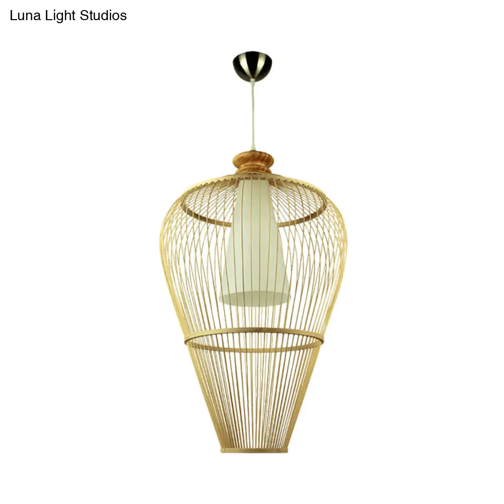 Rustic Bamboo Pendant Light With Cone Shade - Single-Bulb Lighting Fixture In Beige