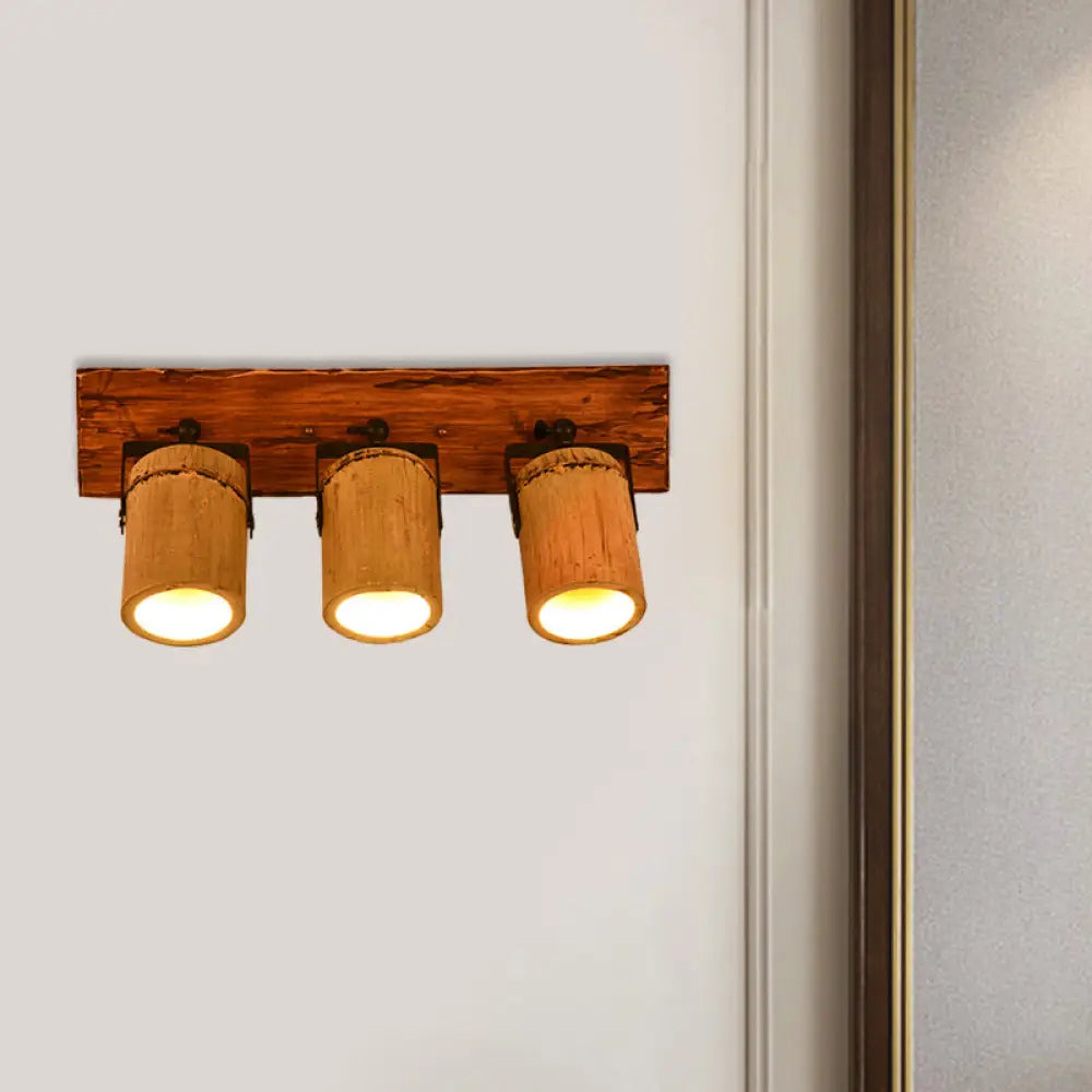 Rustic Bamboo Wall Sconce With Linear Wood Backplate 3 / Brown