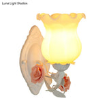 Rustic Bedroom Wall Sconce With Flower Glass White/Green Bloom Deco Lighting Fixture