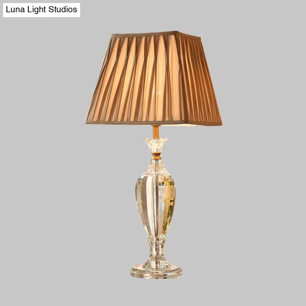 Rustic Beige Fabric Table Lamp With Pleated Shade And Crystal Urn Base - 1-Light Night Light