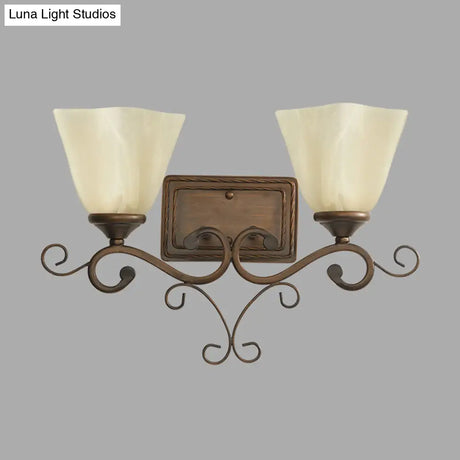 Rustic Beige Glass Bell Shaped Wall Lamp With Dual Heads - Brown Bedroom Light Fixture