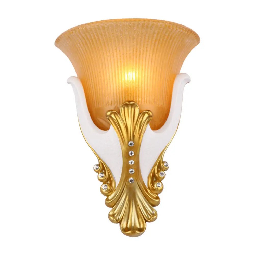 Rustic Bell Shaped Wall Sconce Lighting With Fluted Glass For Bedroom