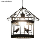 Rustic Birdcage Pendant Light With Bird Decoration - Black Metal 1 Head