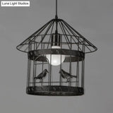 Rustic Birdcage Pendant Light With Bird Decoration - Black Metal 1 Head