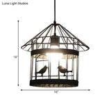 Rustic Birdcage Pendant Light With Bird Decoration - Black Metal 1 Head