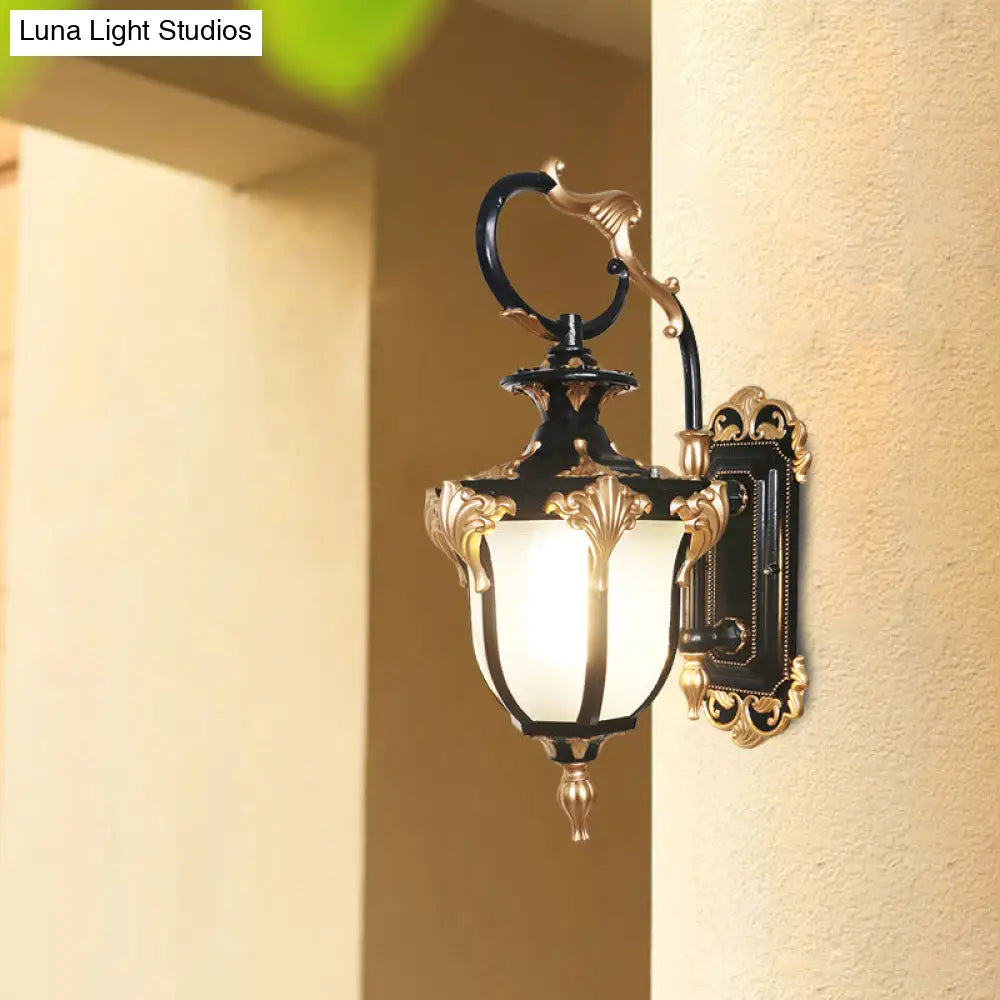 Rustic Black And Gold Urn-Shaped Sconce Wall Lamp With Frosted White Glass