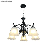 Rustic Black Chandelier Ceiling Light With Cream Glass Bell Shades For Bedroom