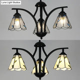 Rustic Black Chandelier Lighting With Blue/Green Leaf Design - 3 Lights 16’’ Metal Chain Hang Light