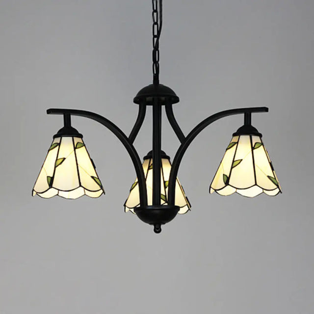 Rustic Black Chandelier Lighting With Blue/Green Leaf Design - 3 Lights 16’’ Metal Chain Hang