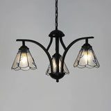 Rustic Black Chandelier Lighting With Blue/Green Leaf Design - 3 Lights 16’’ Metal Chain Hang