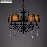 Rustic Black Fabric Suspension Pendant Chandelier With Swirl Arm Crystal Drops - 5 Lights For Living