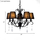 Rustic Black Fabric Suspension Pendant Chandelier With Swirl Arm Crystal Drops - 5 Lights For Living