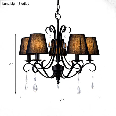 Rustic Black Fabric Suspension Pendant Chandelier With Swirl Arm Crystal Drops - 5 Lights For Living