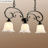 Rustic Black Floral Swirls Pendant Island Lamp - 3 Lights Frosted White Glass Perfect For