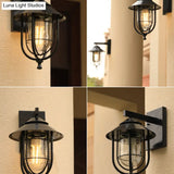 Rustic Black Glass Caged Outdoor Wall Sconce Light - Mounted 1 Bulb